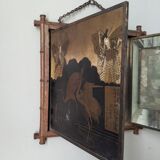 Antique Asian decorative triptych mirror with chain wall decoration in wood.