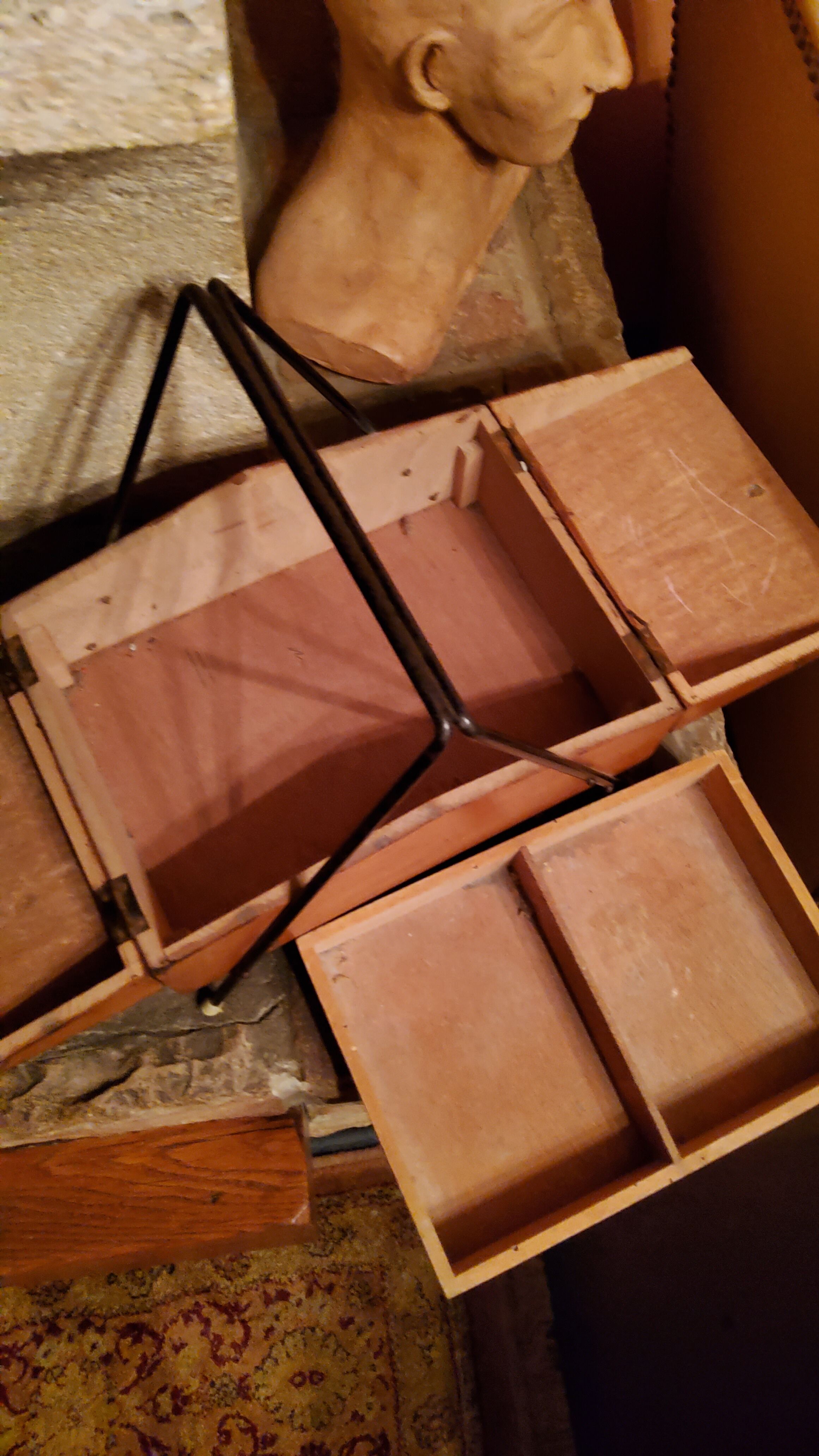 Sewing box from the 50s in wood and black metal