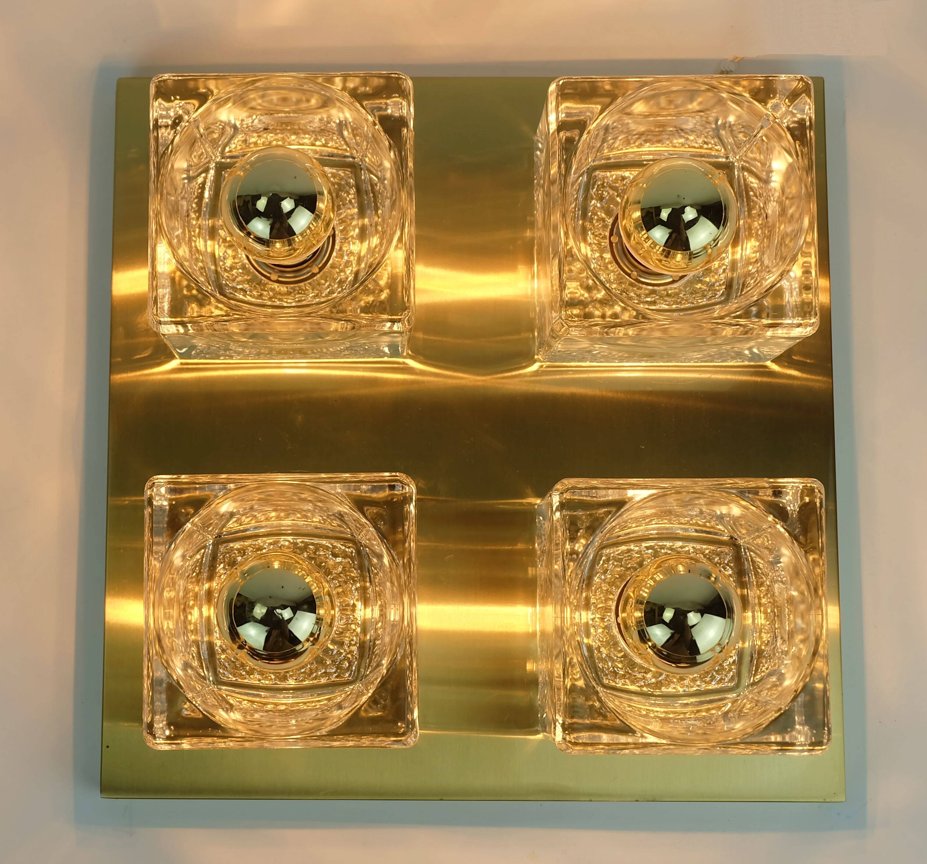 mid century peill & putzler brass CEILING LIGHT with 4 glass cubes 1960s/70