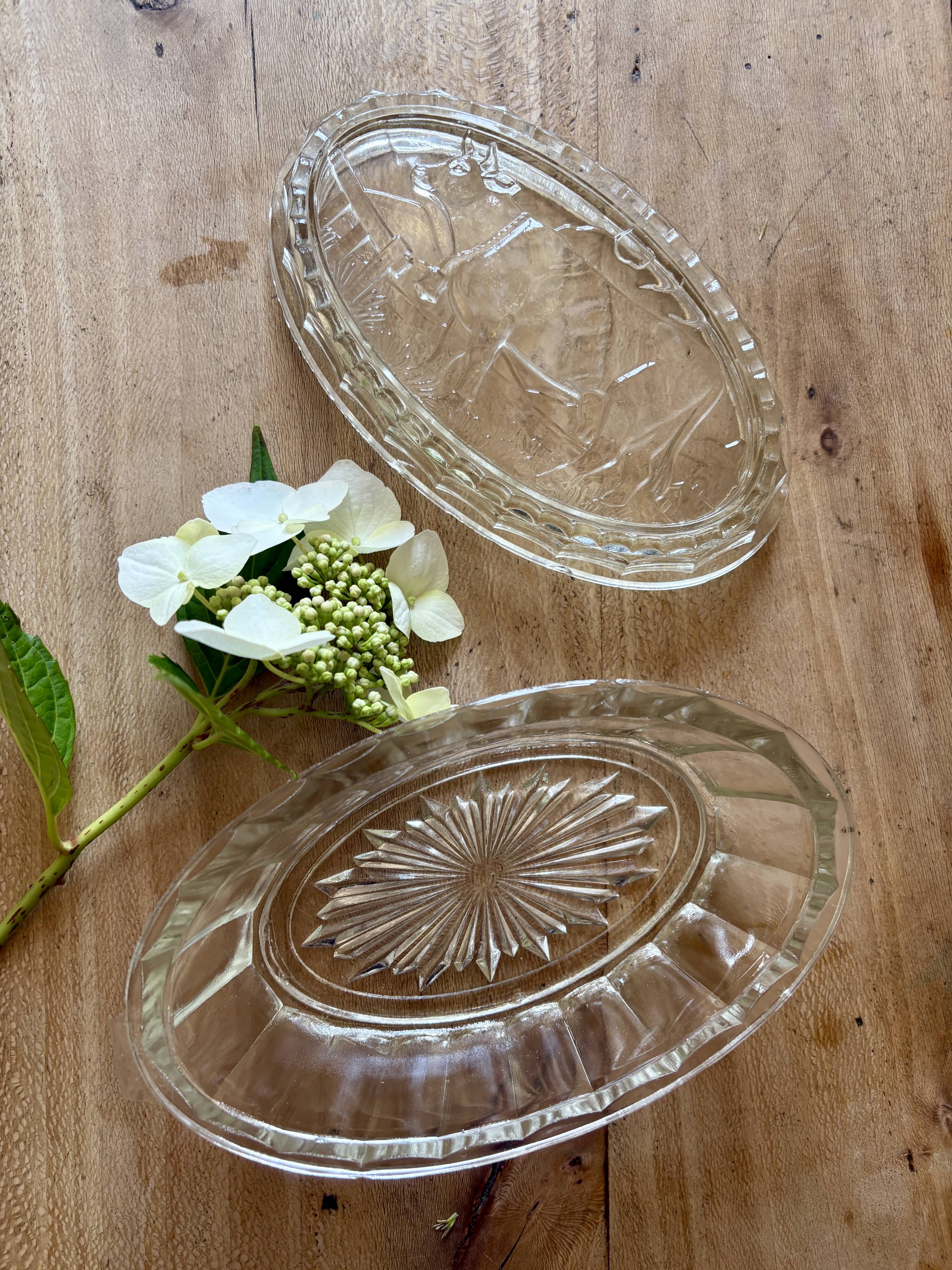 Vintage glass butter dish with cow decorations