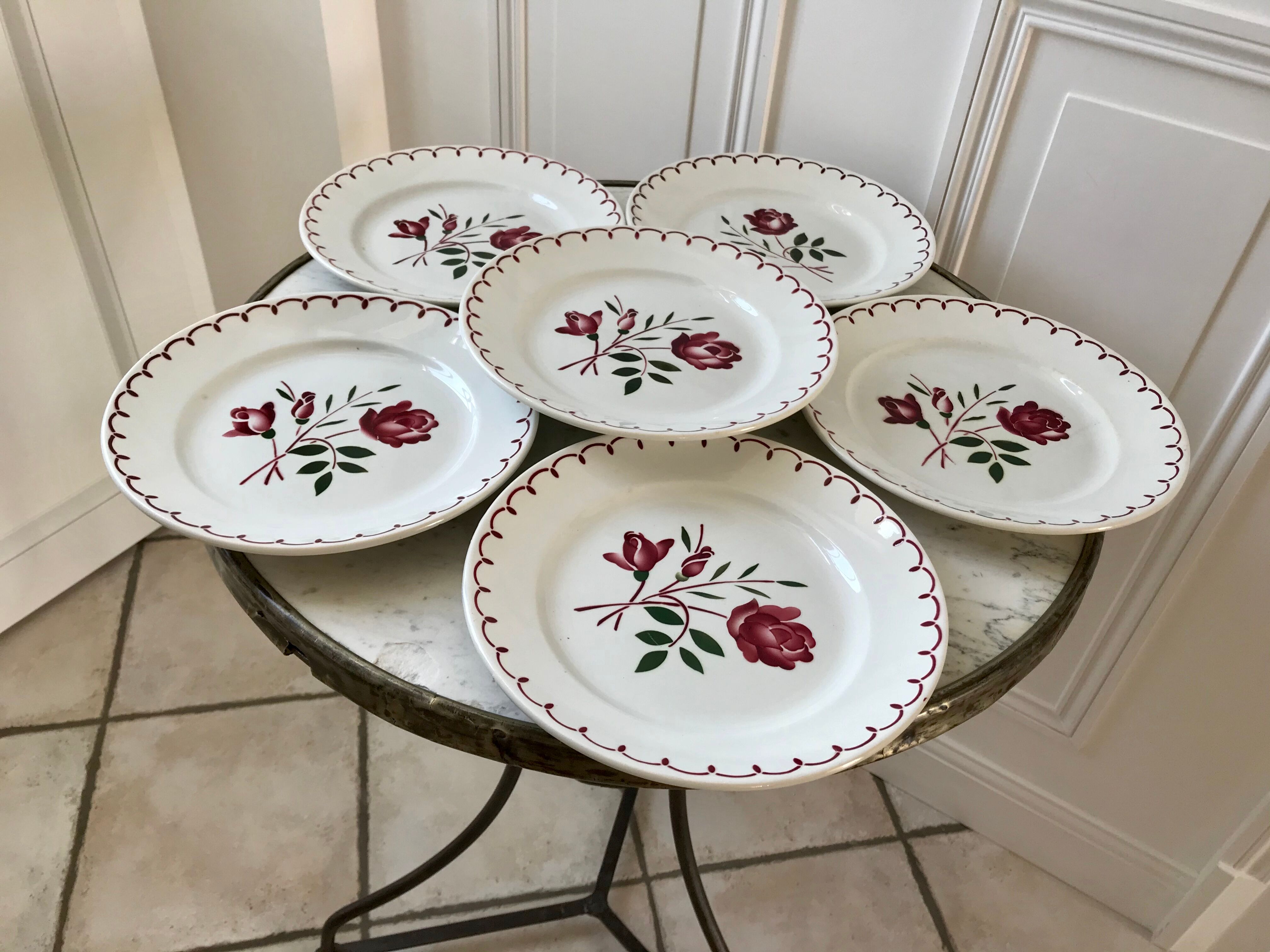 Set of 6 flat flower plates Badonviller 30s