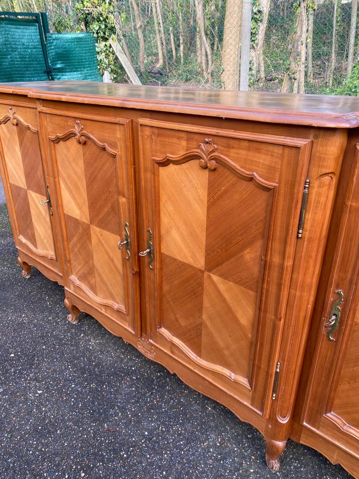 Light solid wood enfilade with Louis XV marquetry from the 20th century, 227cm.