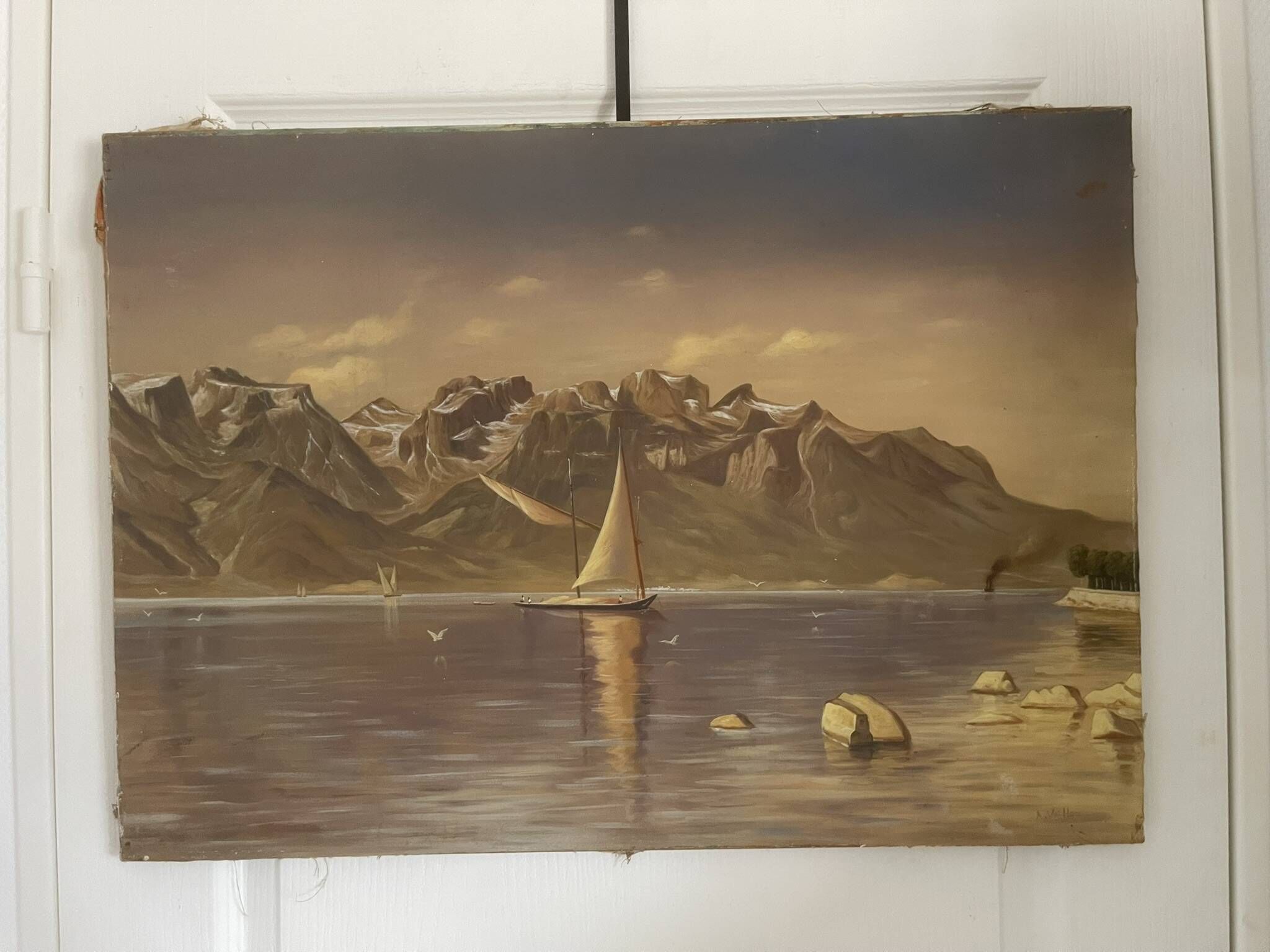 Oil Painting Canvas Landscape Mountain Lake Switzerland Signed Veillon
