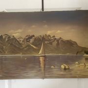 Oil Painting Canvas Landscape Mountain Lake Switzerland Signed Veillon