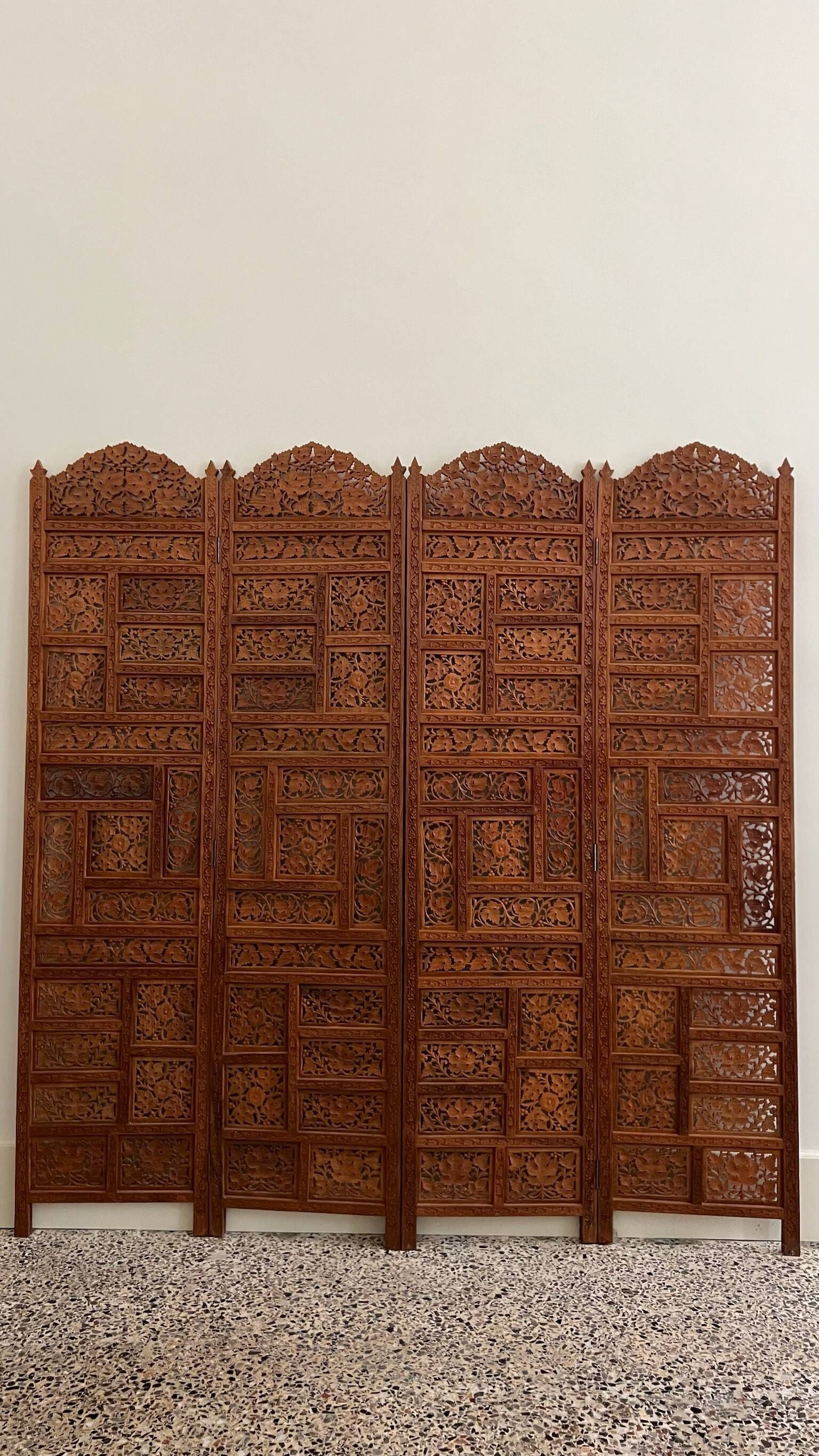 Vintage Asian carved teak screen — mid-20th century