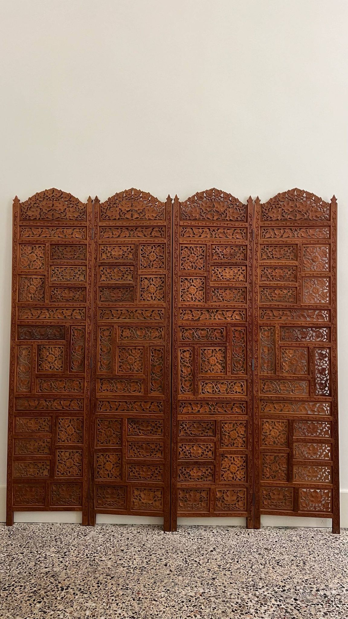 Vintage Asian carved teak screen — mid-20th century
