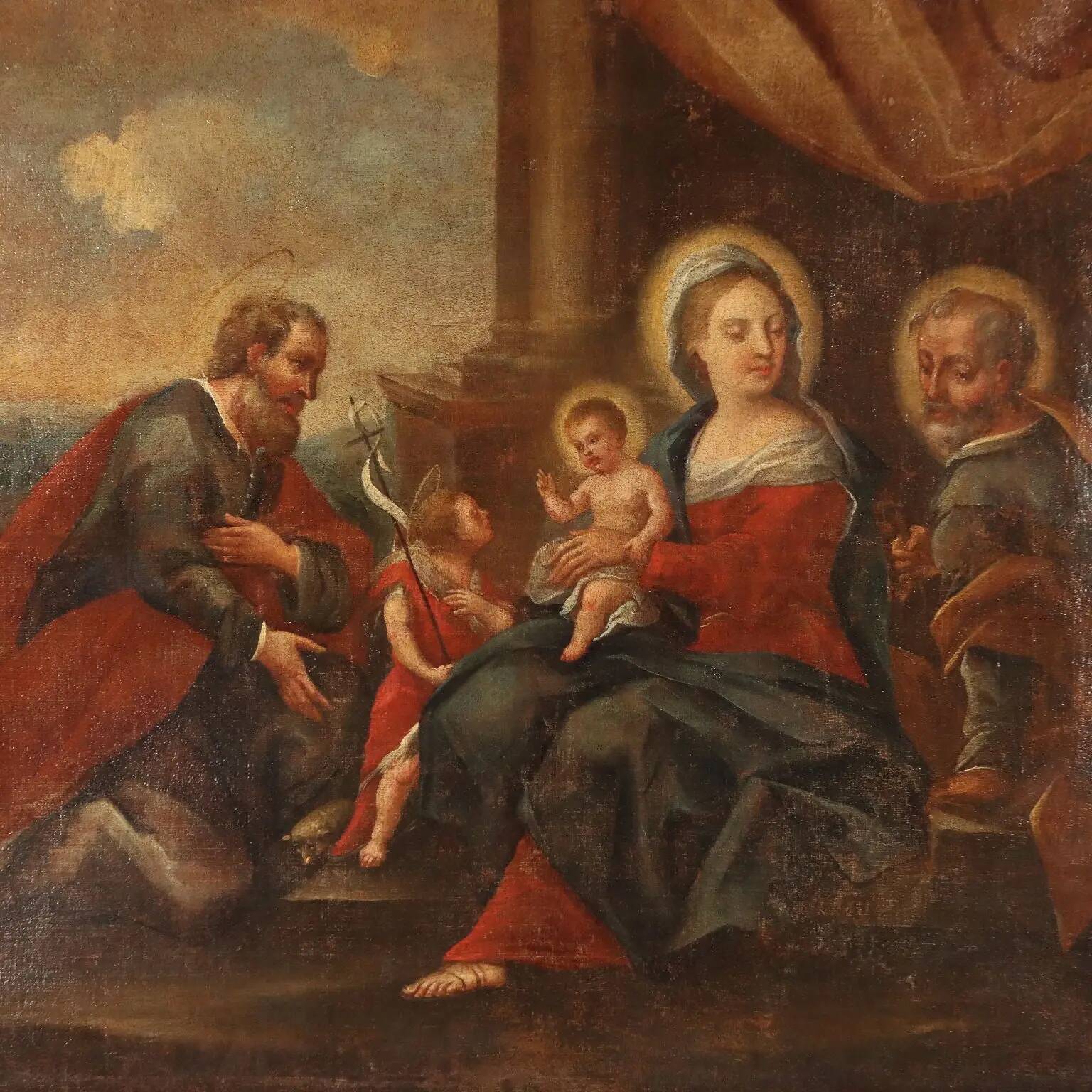 The Holy Family with saints, old painting from the 17th-18th century.