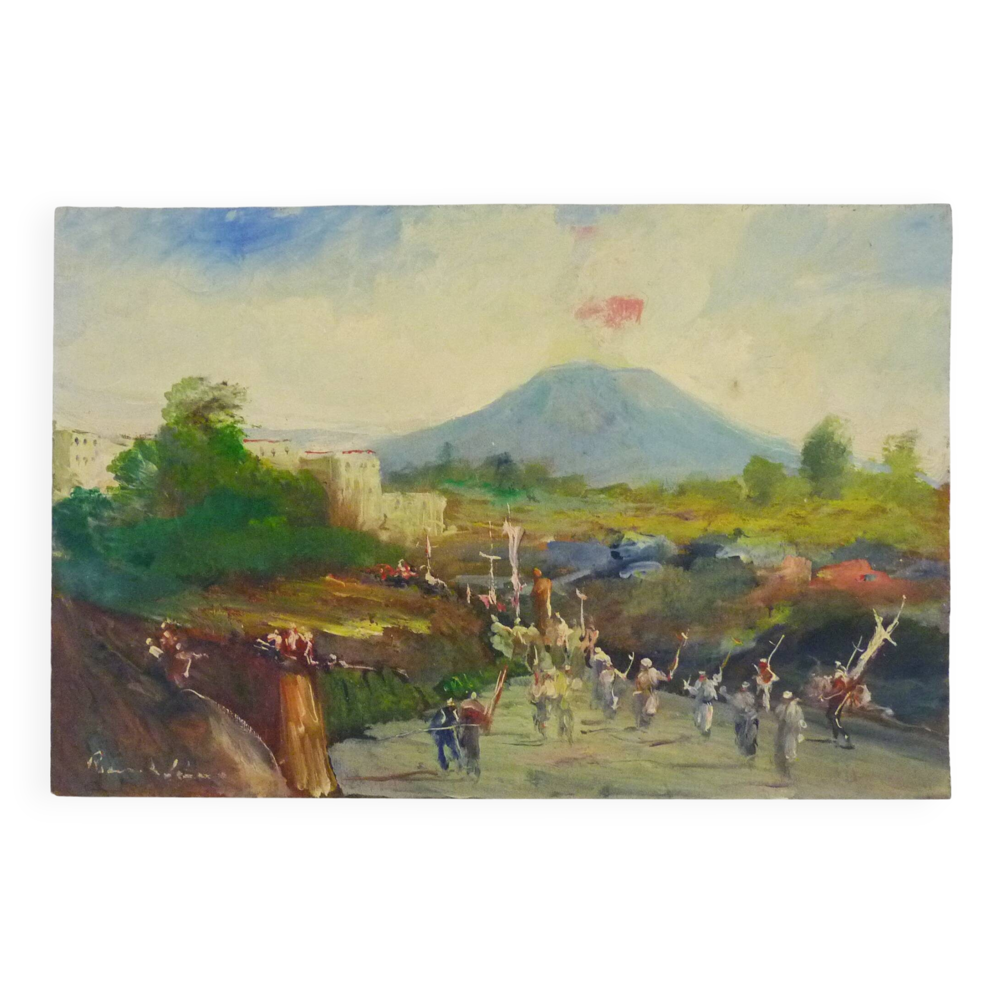Oil on wood by Riccardo Capone Procession 50s 60s