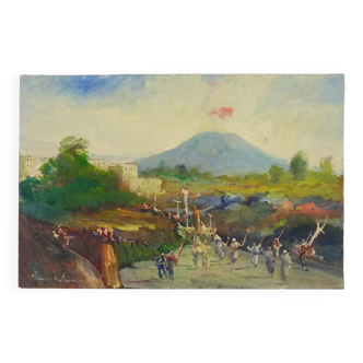 Oil on wood by Riccardo Capone Procession 50s 60s