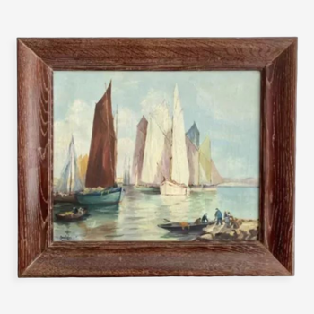 Old painting, sailboats at the entrance of the port, signed 60s