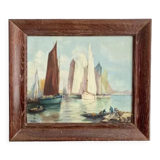 Tableau ancien, voiliers à l’entrée du port, signé années 60