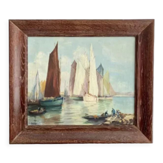 Tableau ancien, voiliers à l’entrée du port, signé années 60