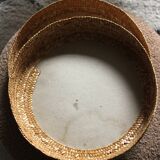 Round wicker basket with lid, vintage soft weaving.