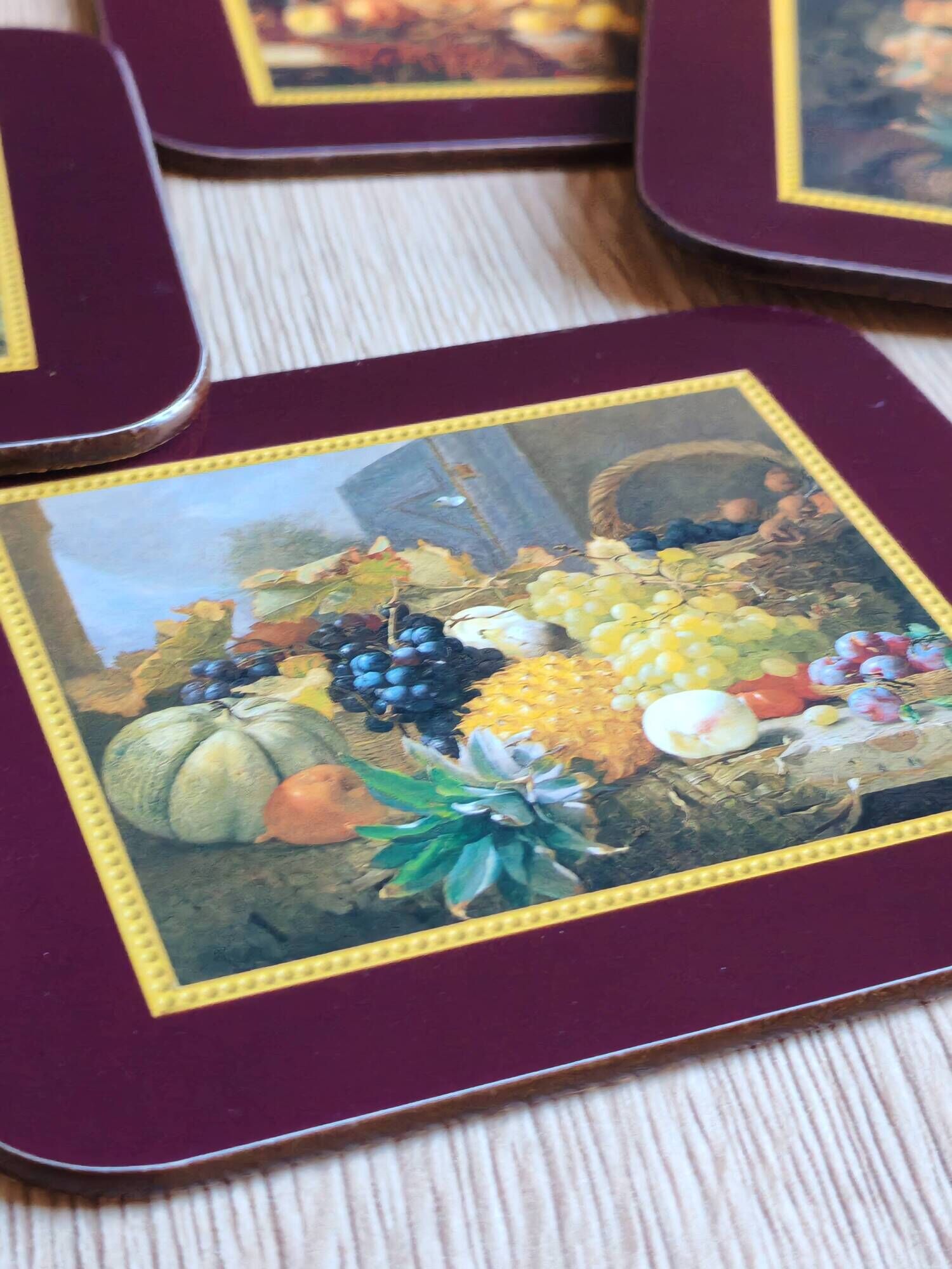 Set of 6 vintage Jason "Still Life Fruit" coasters, cork and durable.
