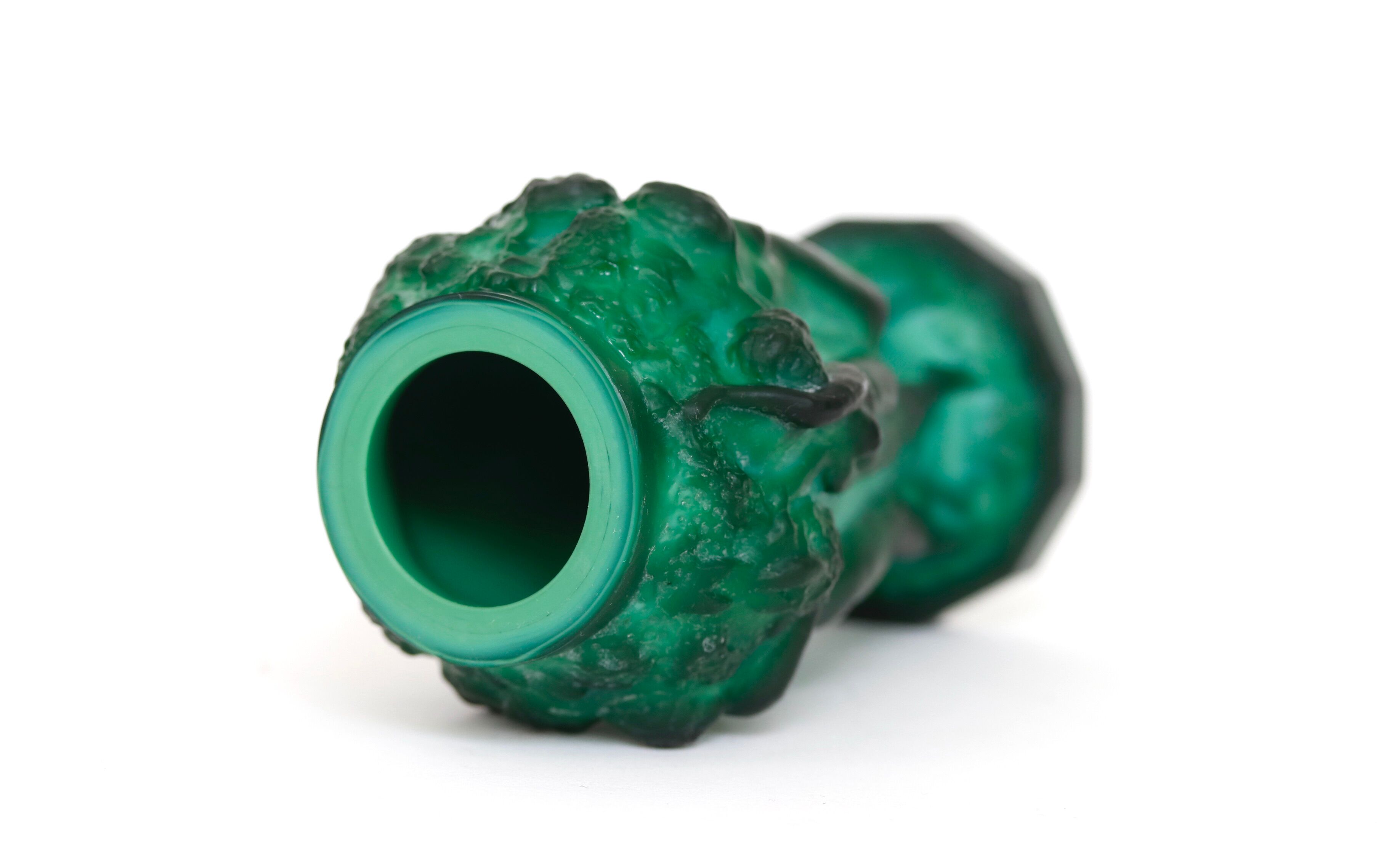 Glass vase decorated with bacchantes. Hoffman to Schlevogt 1930. Malachite green