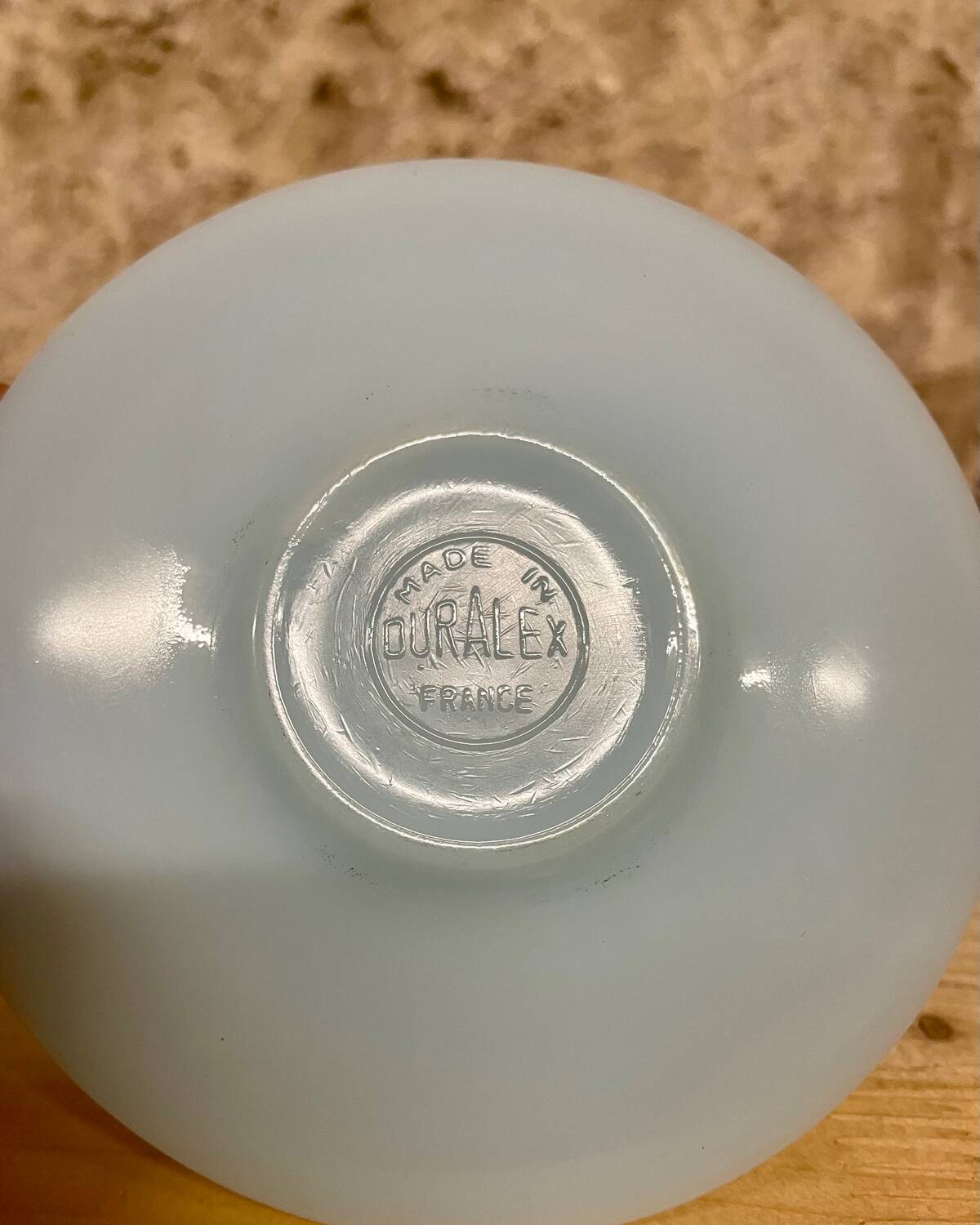 Set of 4 Duralex cups and 4 saucers – pastel blue opal glass (year