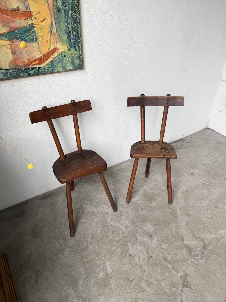 Pair of Savoyard tripod chairs, folk art, oak.