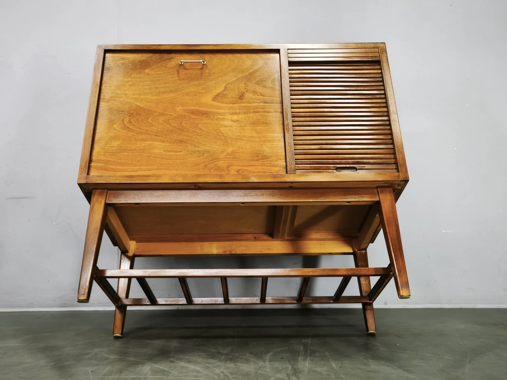 1960s Danish Modern Beech Wood Bar Cabinet with Tambour Door