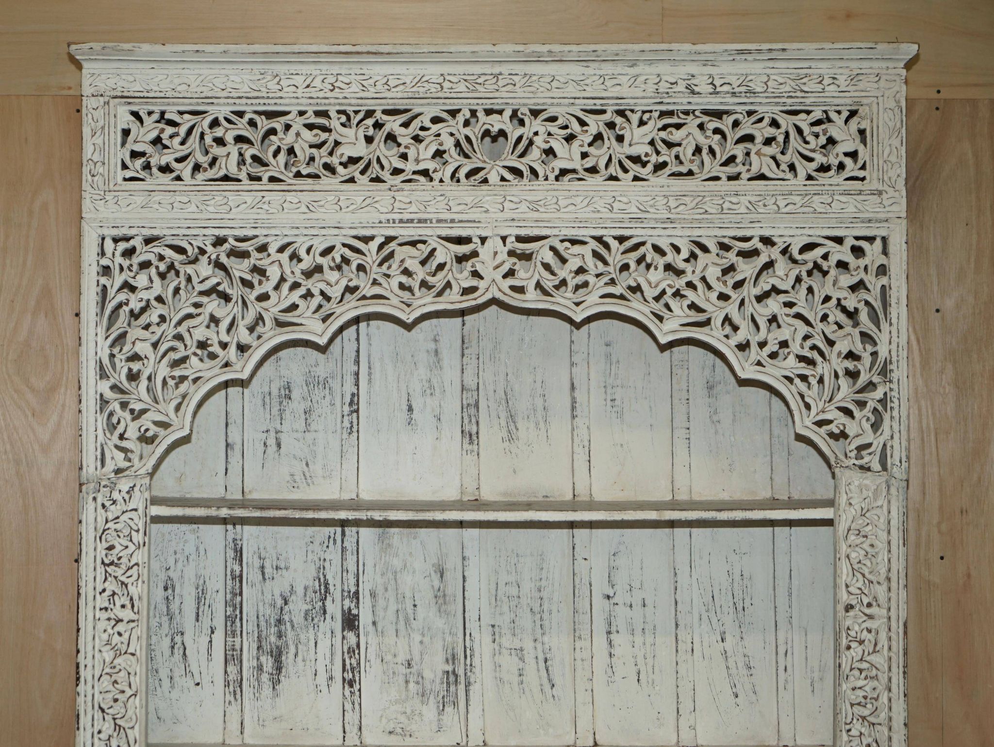 Large antique Anglo-Indian library in carved solid wood with original paint.