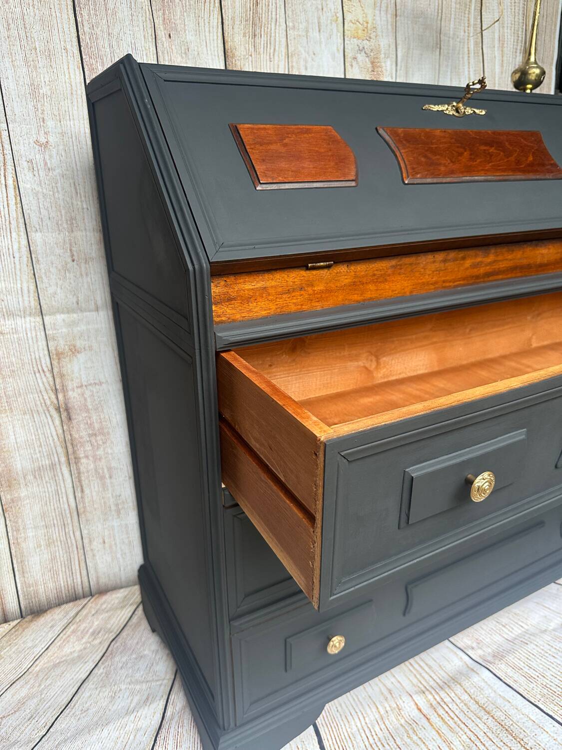 Wooden and black secretary desk