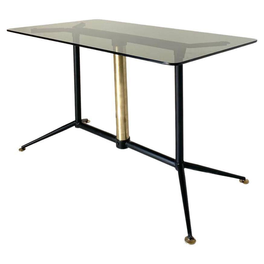Vintage coffee table with smoked glass top and iron and brass base, Italy 1960s