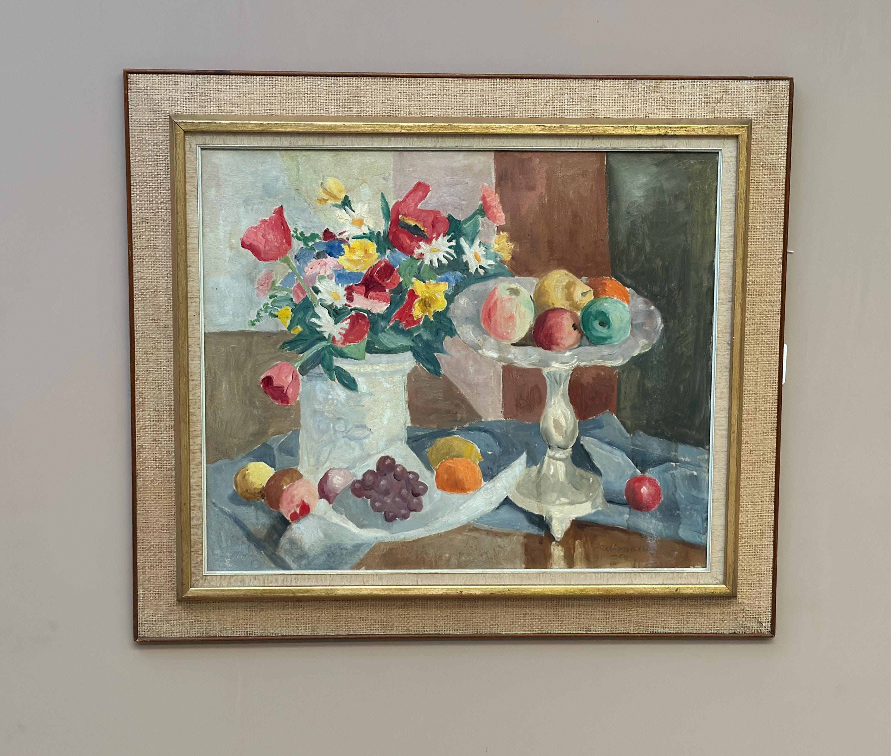 Original Swedish Oil on Canvas – "Flowers and Fruit by Ellis Wallin"