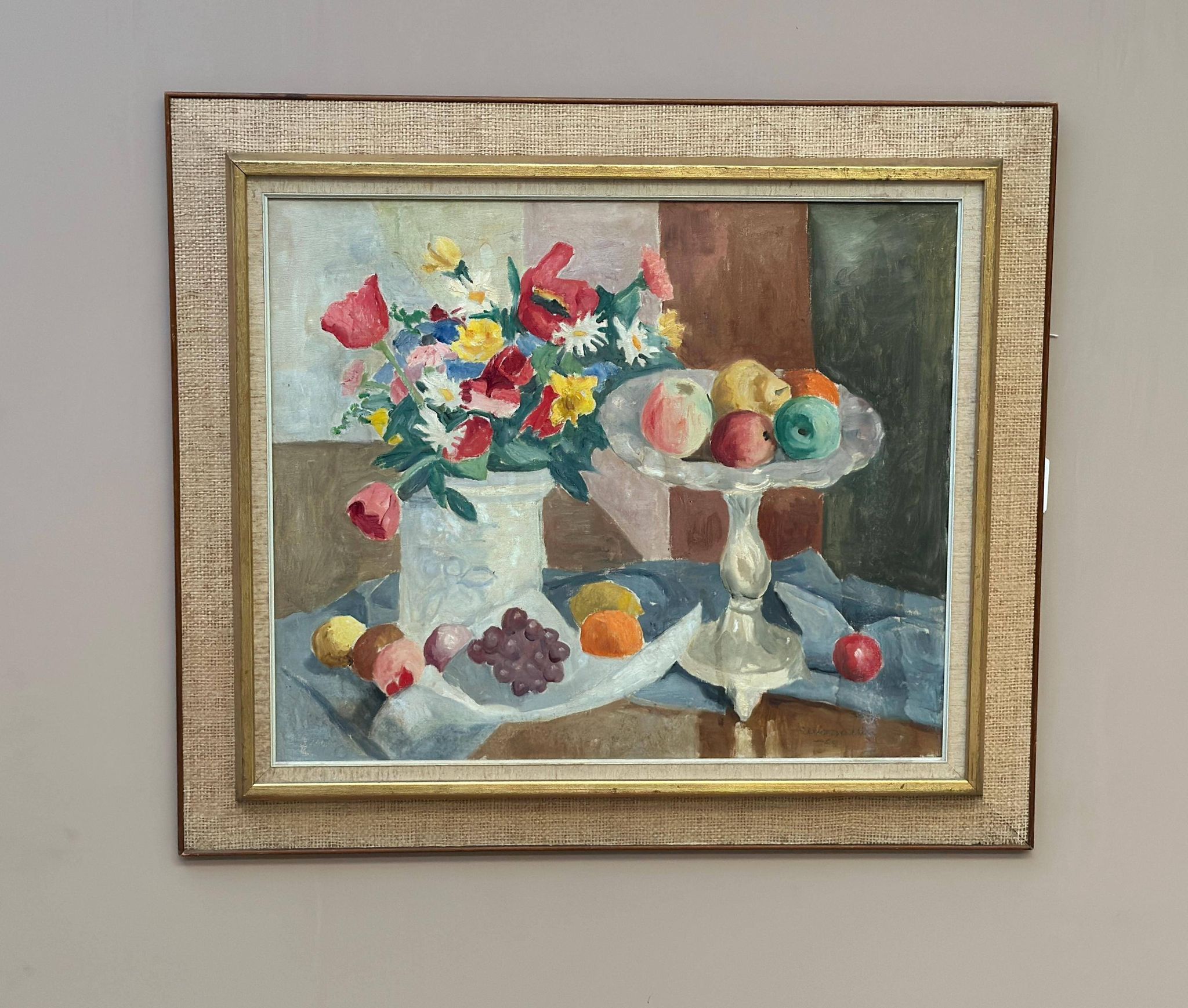 Original Swedish Oil on Canvas – "Flowers and Fruit by Ellis Wallin"