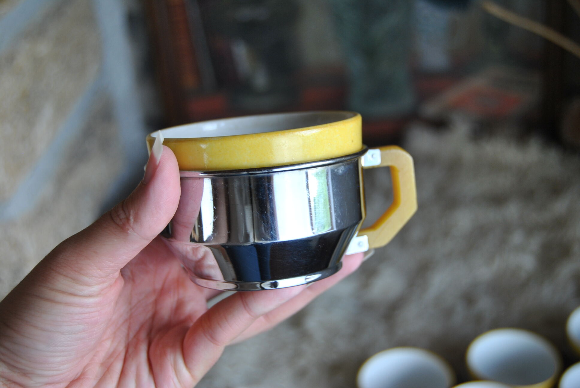 Series of 6 ceramic and stainless steel cups - 70s - Vintage
