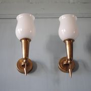 Pair of gold metal and white opaline wall sconces, wall light, sconce.