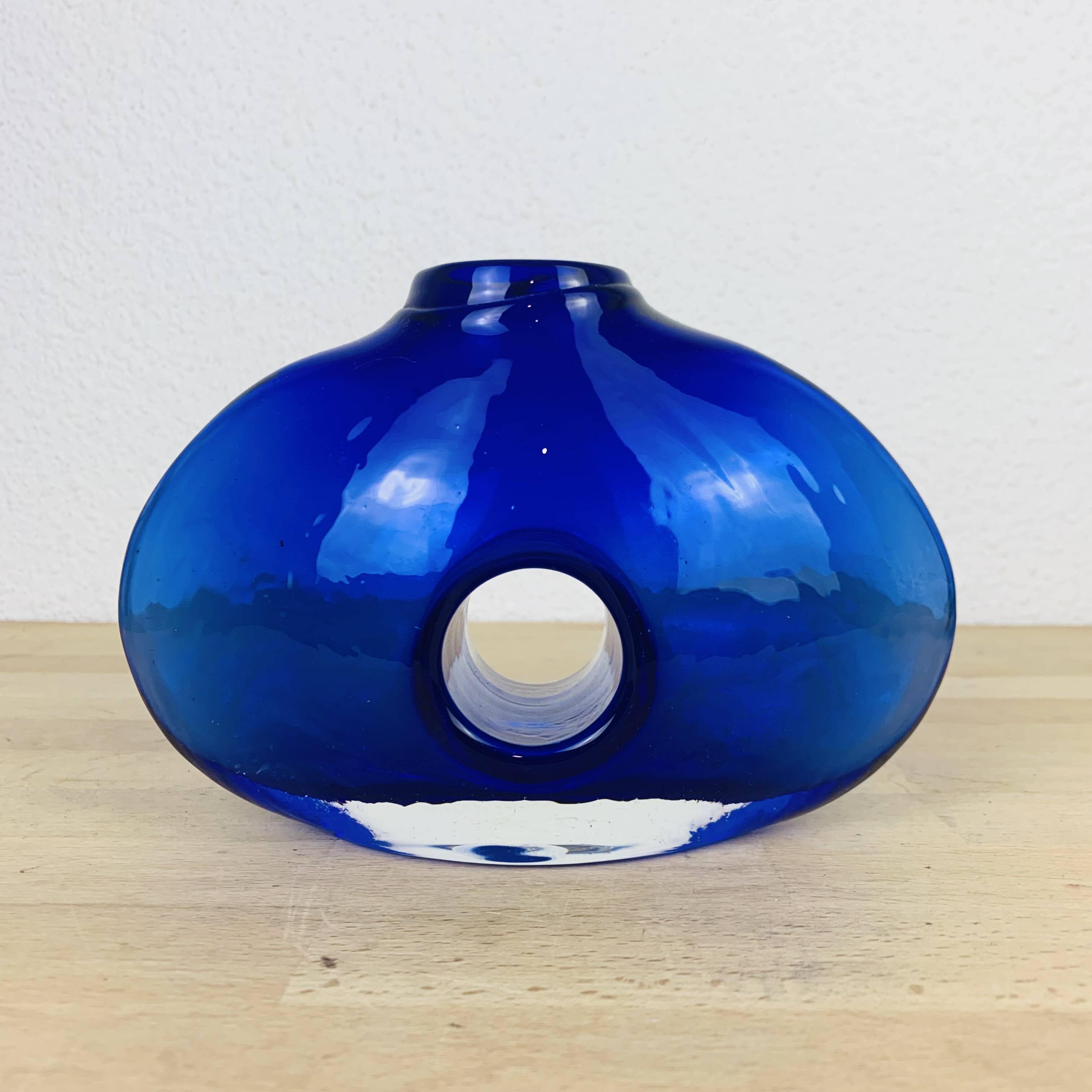 Blue blown glass lens vase