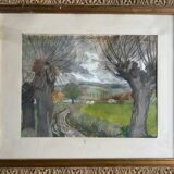 Oeuvre originale, Paysage d'Hiver Breton, Gouache de Suzanne Gueguen, 1940