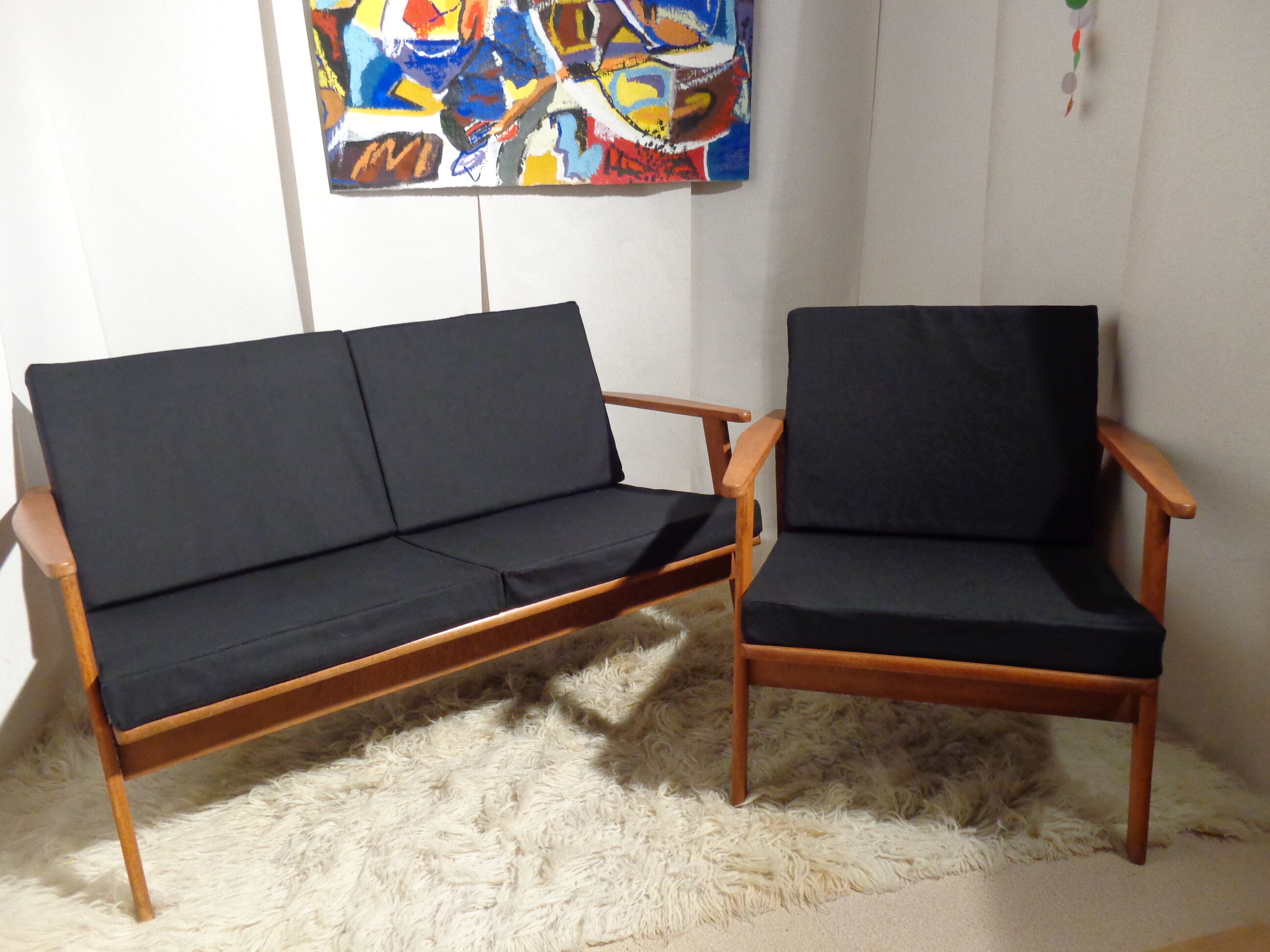 Vintage Scandinavian living room set in light wood