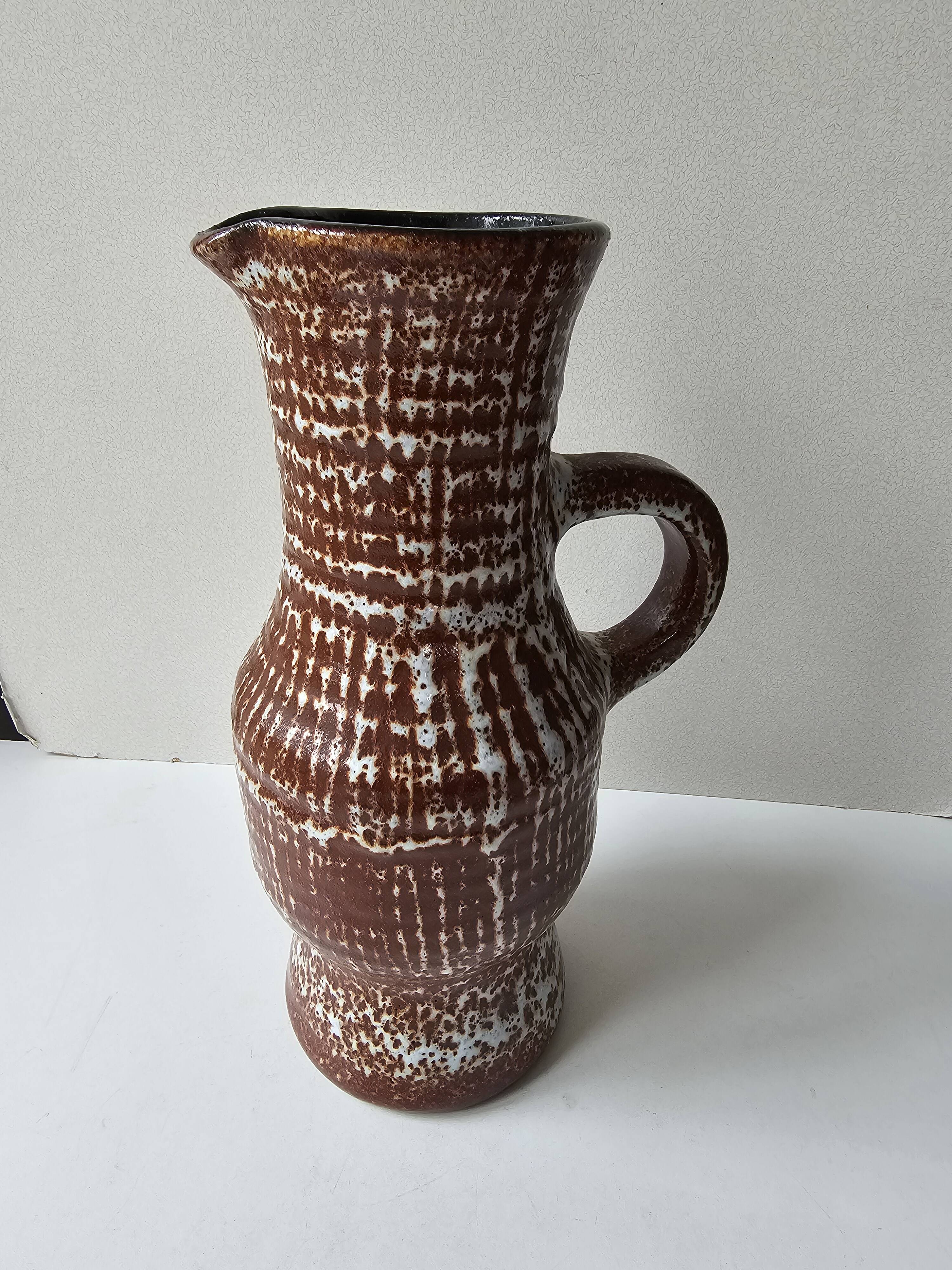 Large brown glazed ceramic pitcher signed accolay - height 31cm