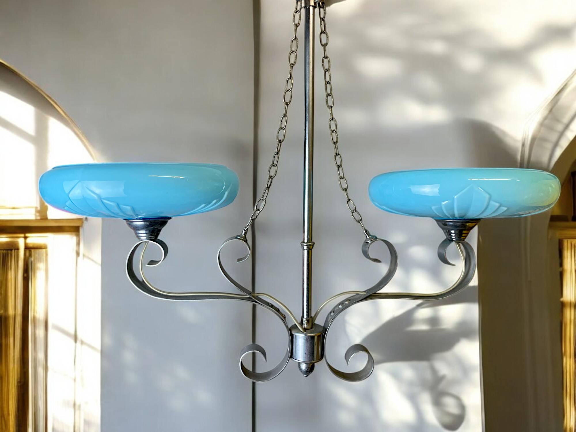 Art Deco chandelier with blue opaline glass