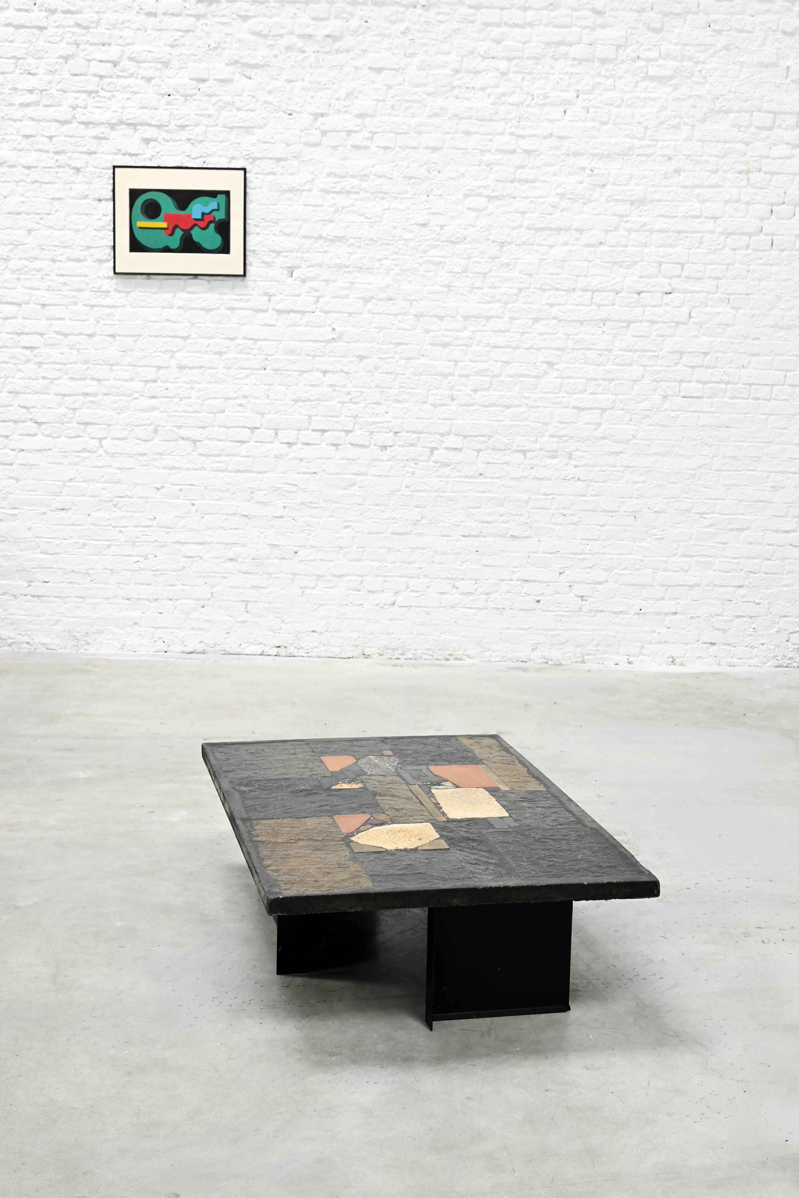 Paul Kingma slate, stone and brass inlaid coffee table, 1970s