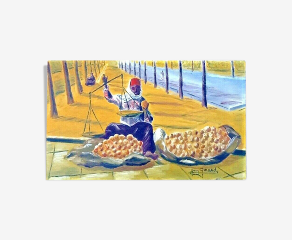 Tableau Orientaliste J.Girard Huile sur toile Scène et Type " Le vendeur d' oranges "
