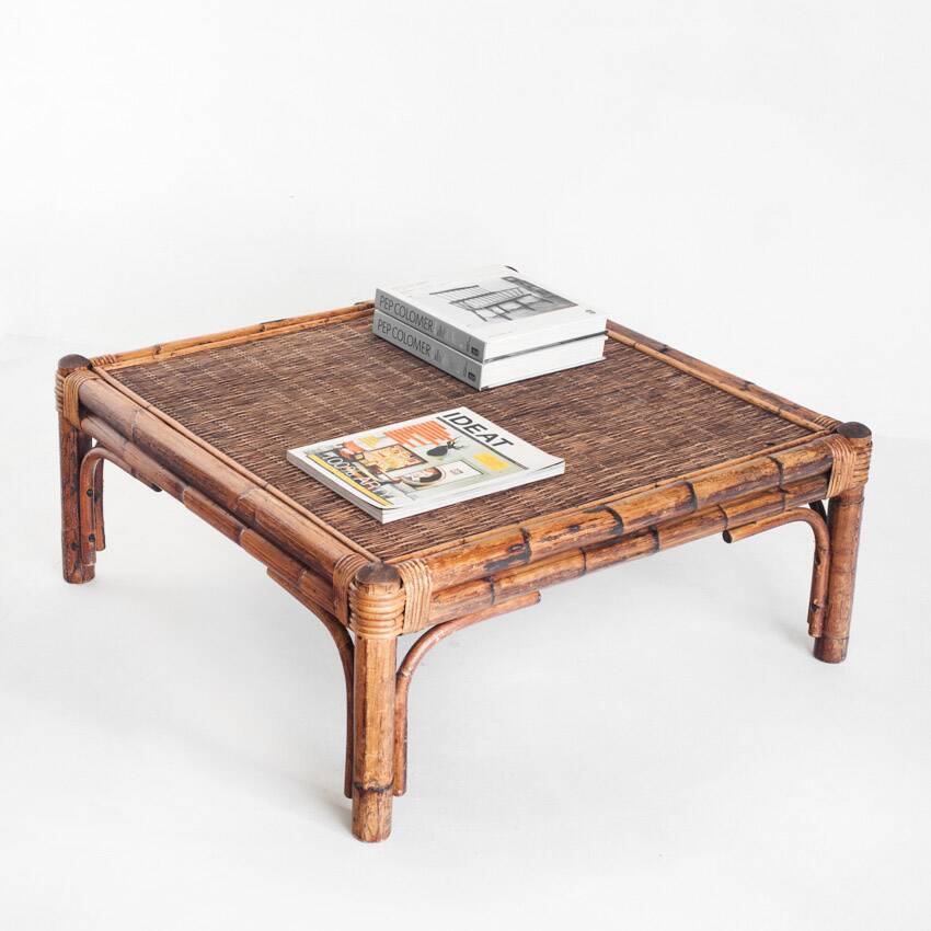 Vintage rattan and cane coffee table. France, 1970s