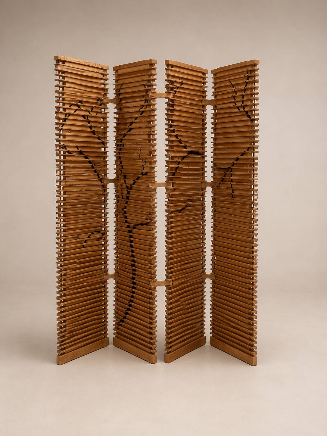 Wooden screen with slats, black plant decoration.