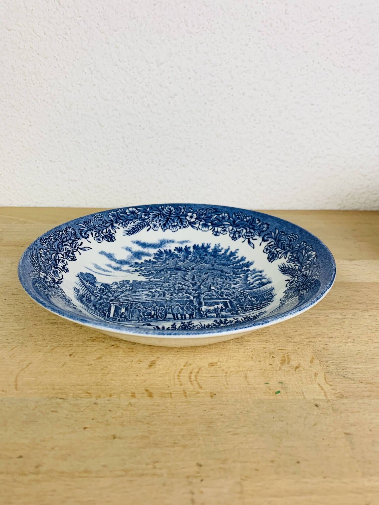 6 Churchill English ironstone soup plates, blue