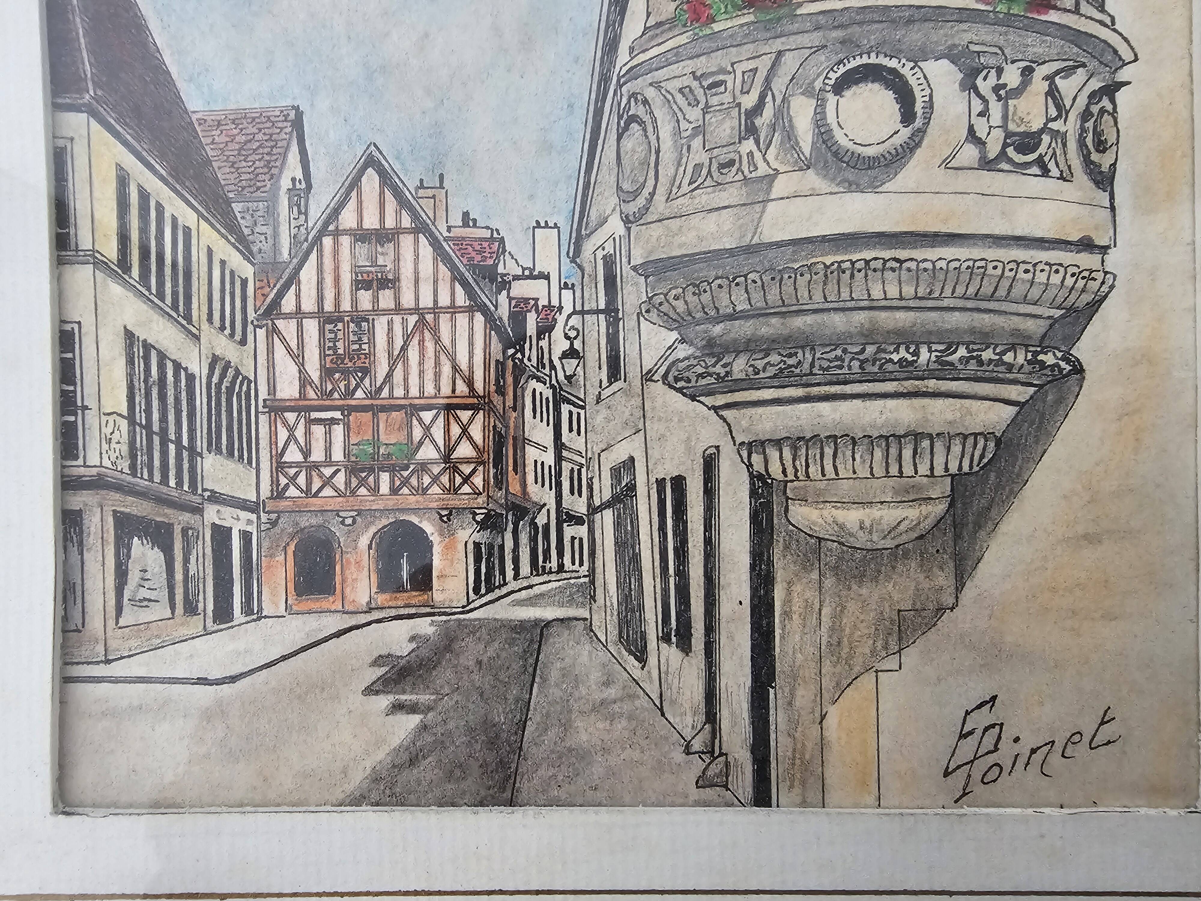 Tableau Encre de chine & pastel - Dijon Place des ducs - E Poinet