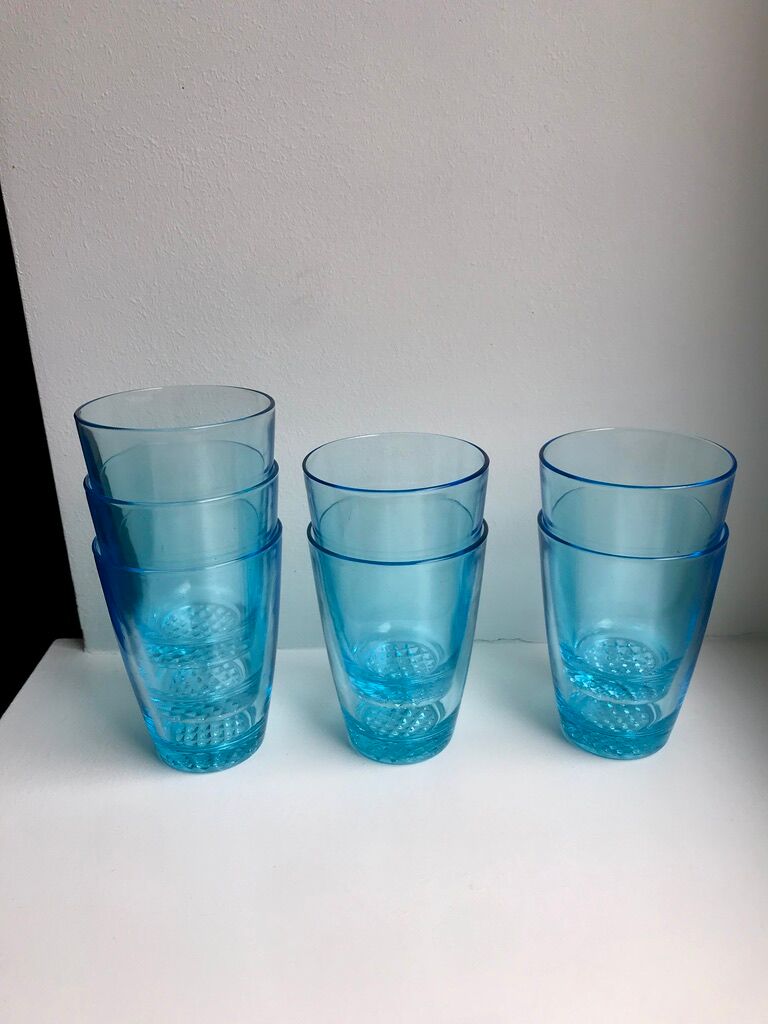 Set of 7 water glasses Made in France blue glass 70s