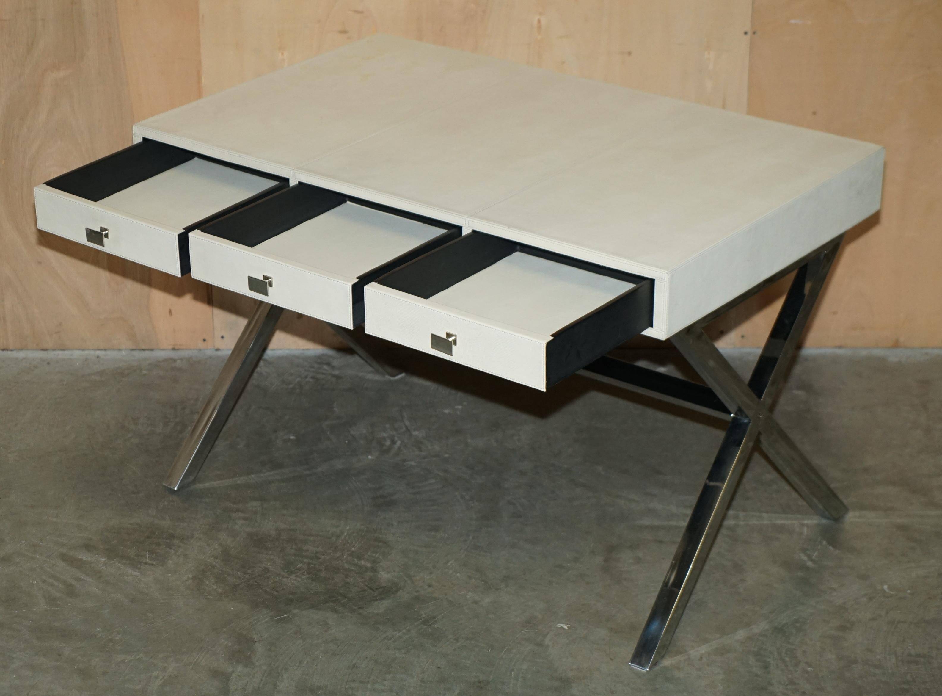 Vintage writing desk with chrome X-shaped top and patinated crocodile leather.
