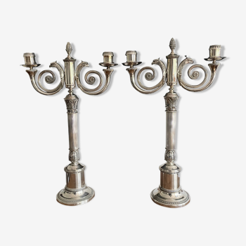 Christofle. Pair of candlesticks, Candelabras, Candlesticks in silver metal. Malmaison model. (New)