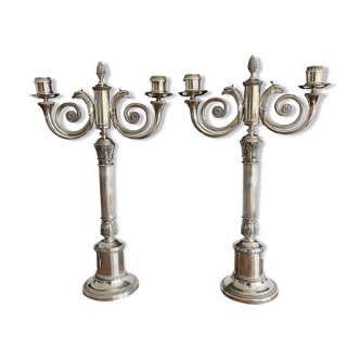 Christofle. Pair of candlesticks, Candelabras, Candlesticks in silver metal. Malmaison model. (New)