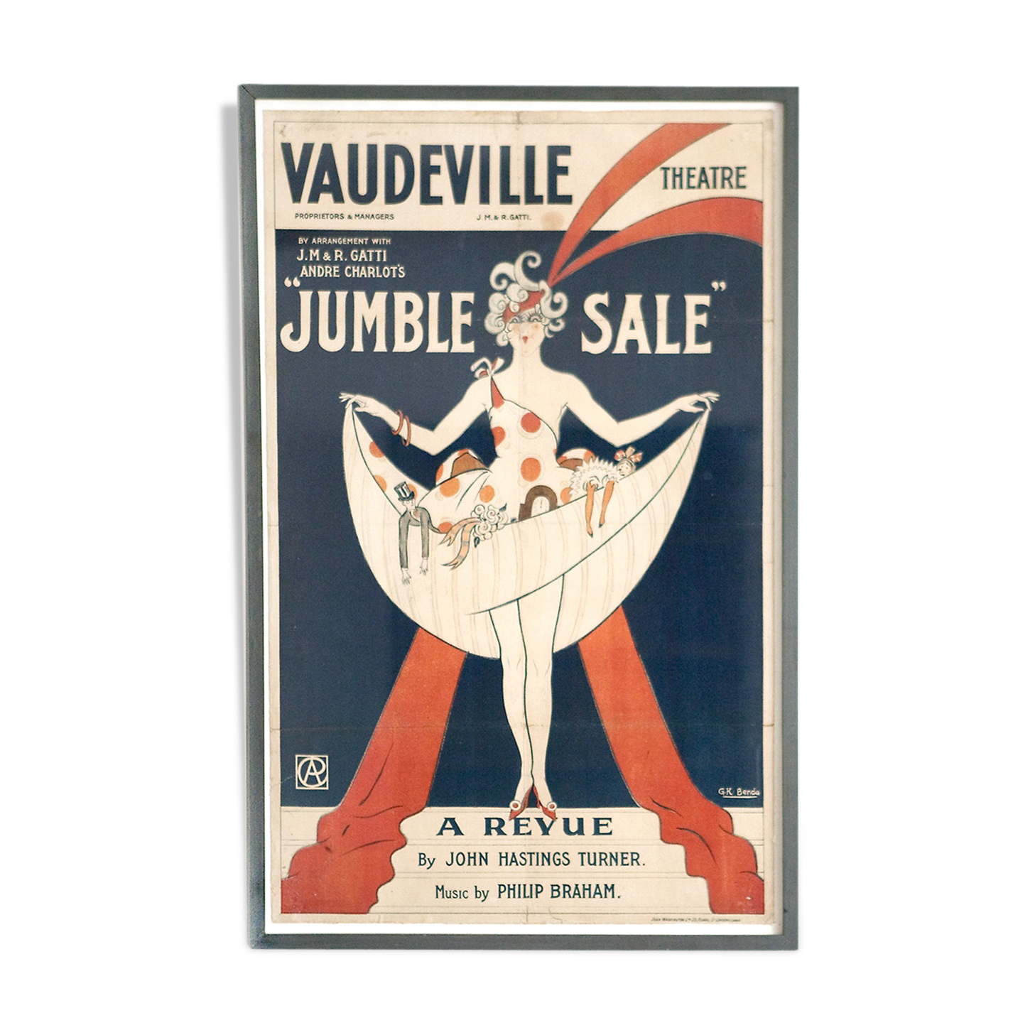 Original, framed, vintage poster, wall art, London's Vaudeville Theatre poster for the show "Jumble Sale"