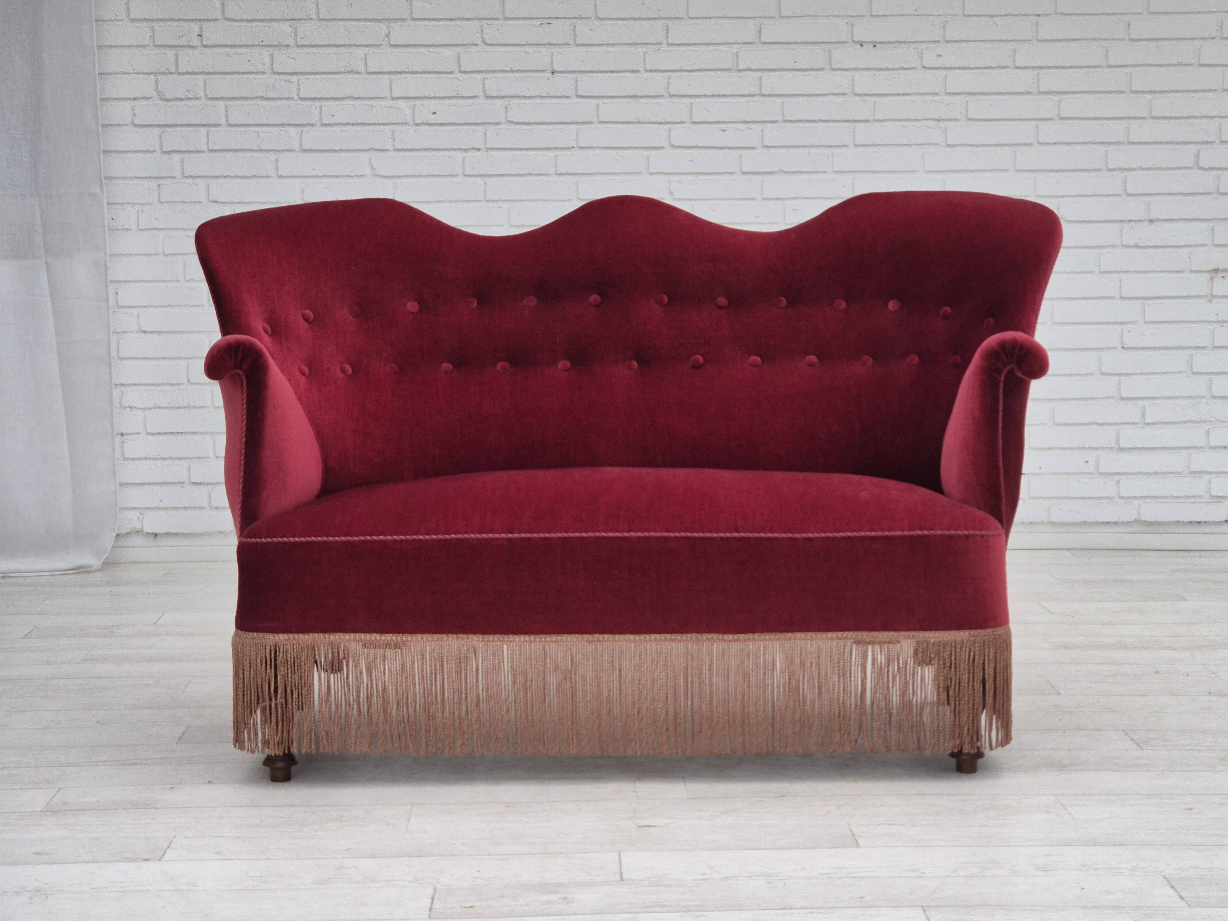 1950s, Danish 2-seater sofa, cherry-red furniture velour, ash wood.