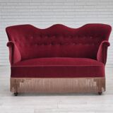 1950s, Danish 2-seater sofa, cherry-red furniture velour, ash wood.