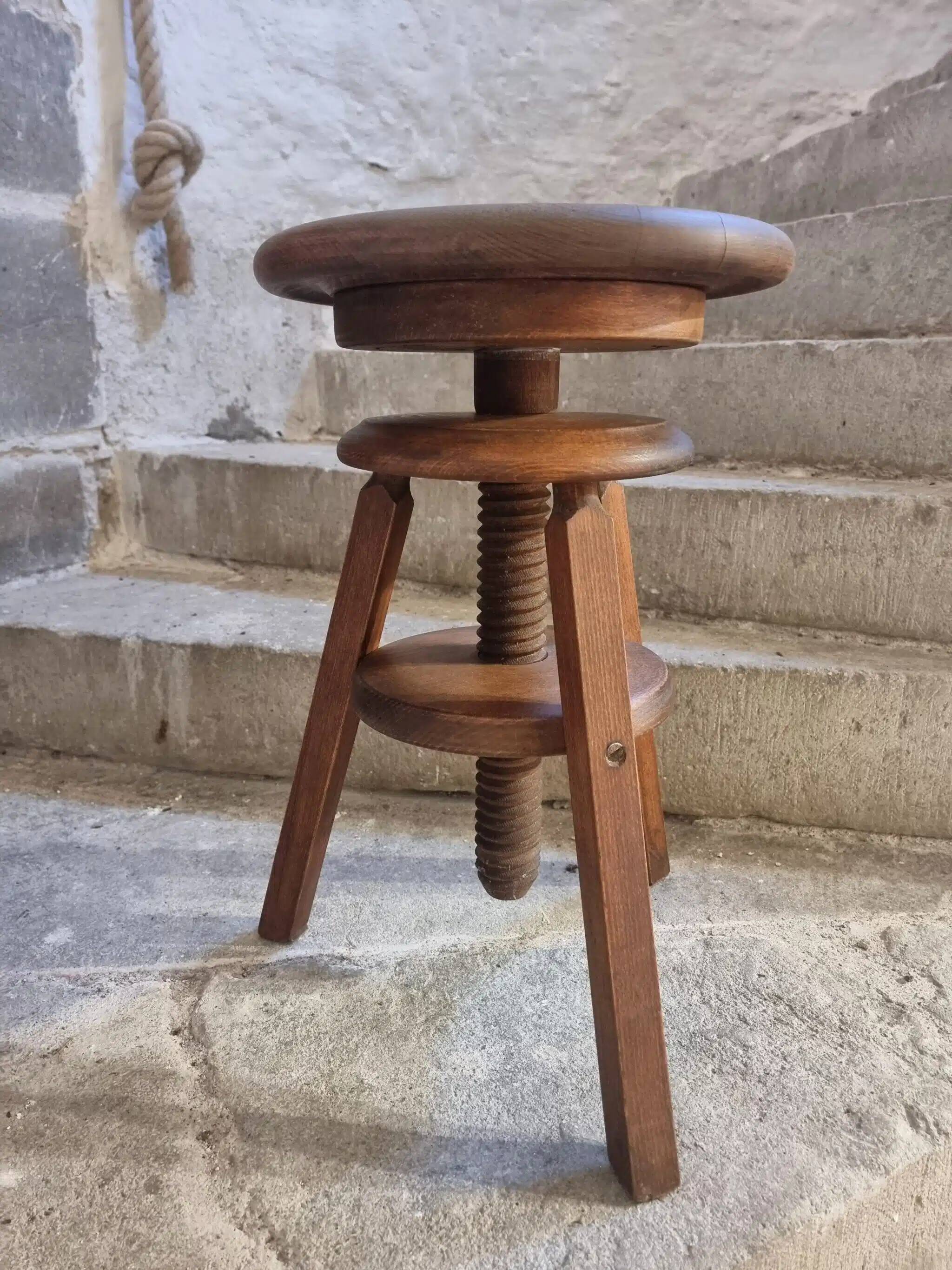 Vintage French adjustable beech stool, 1950s