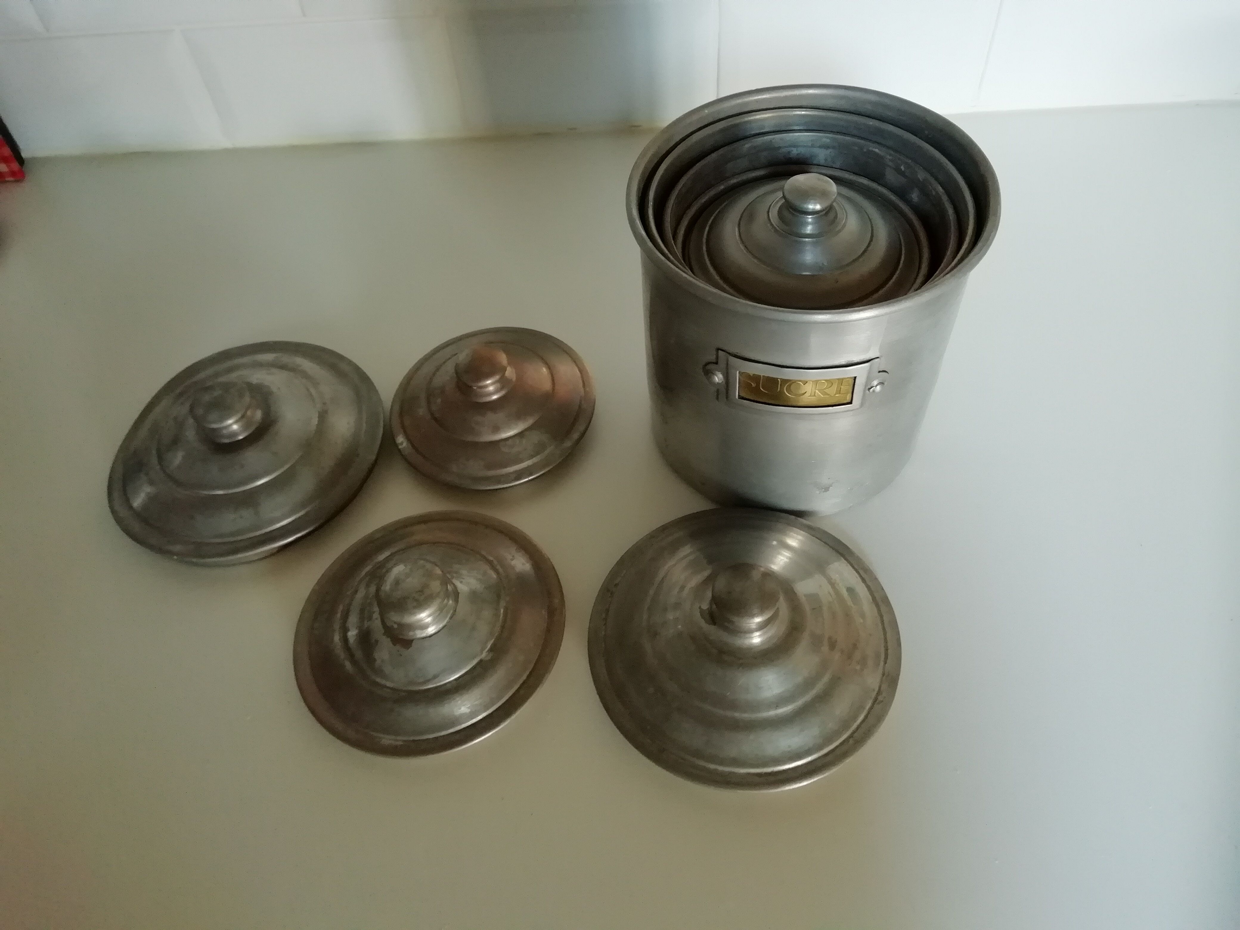 complete series of 6 metal jars with brass label