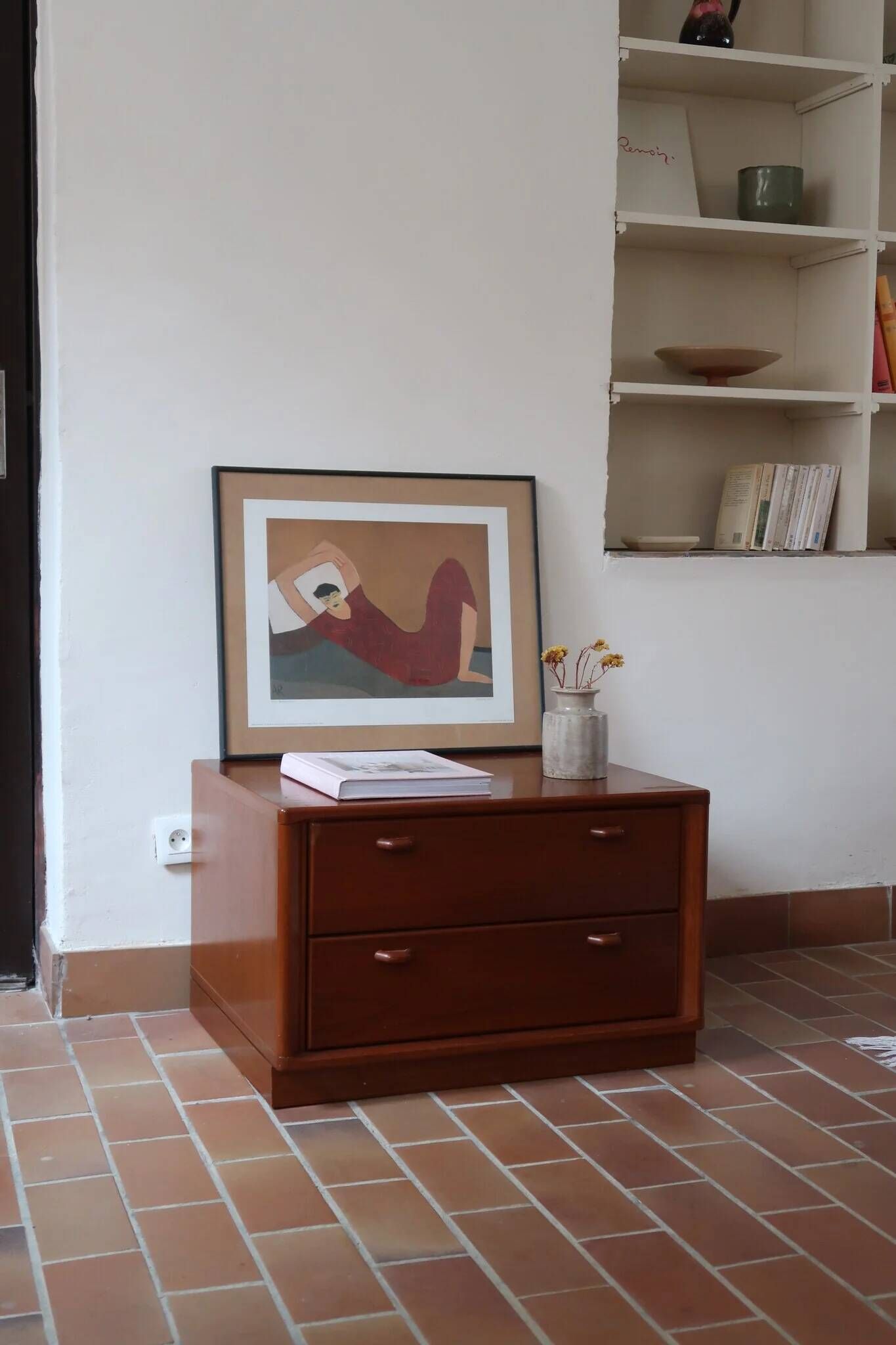 Small piece of furniture with 2 drawers in teak, bedside table or end table.
